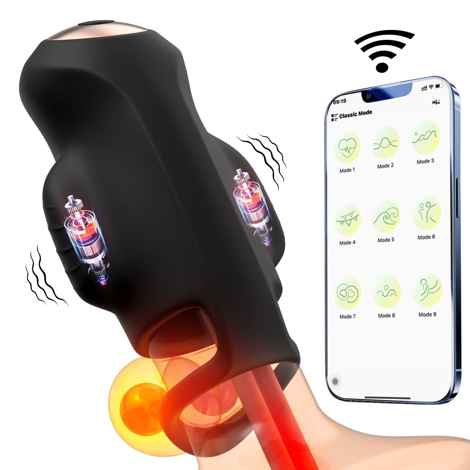 APP controlled male trainer with locking ring in hand