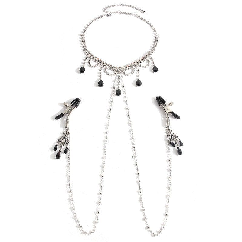 Exquisite Black Gem Diamond Choker with Nipple Clamps-IntimiLife