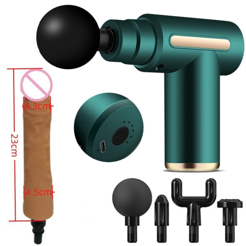 Handheld massage gun showing compact design and spray-painted finish