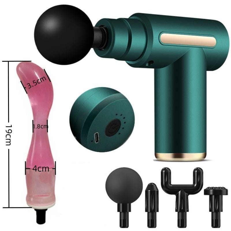 Portable massager shown with charging cable and storage case for travel