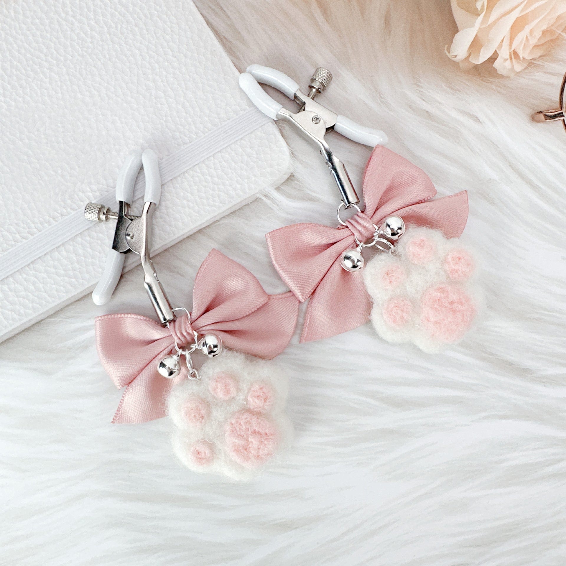Cute Bow Plush Cat Claw Nipple Clamps With Bells-IntimiLife