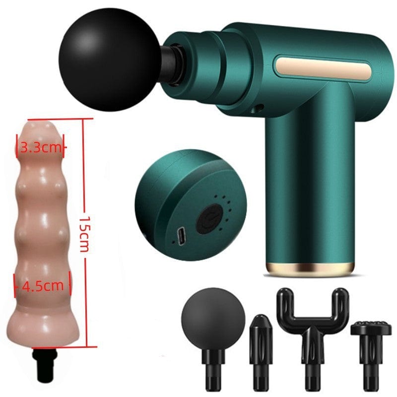 Handheld massage gun showing compact design and spray-painted finish