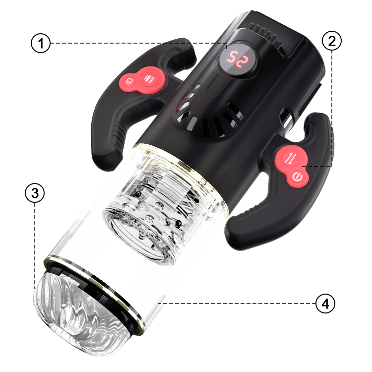Male masturbator with adjustable suction feature and ergonomic grip