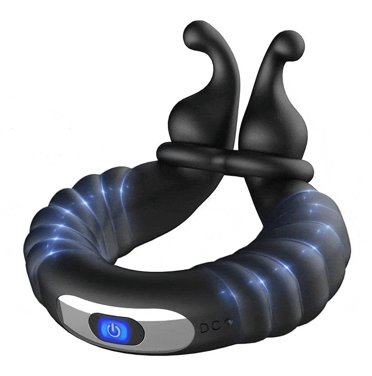 10-mode vibrating silicone cock ring showing flexible design
