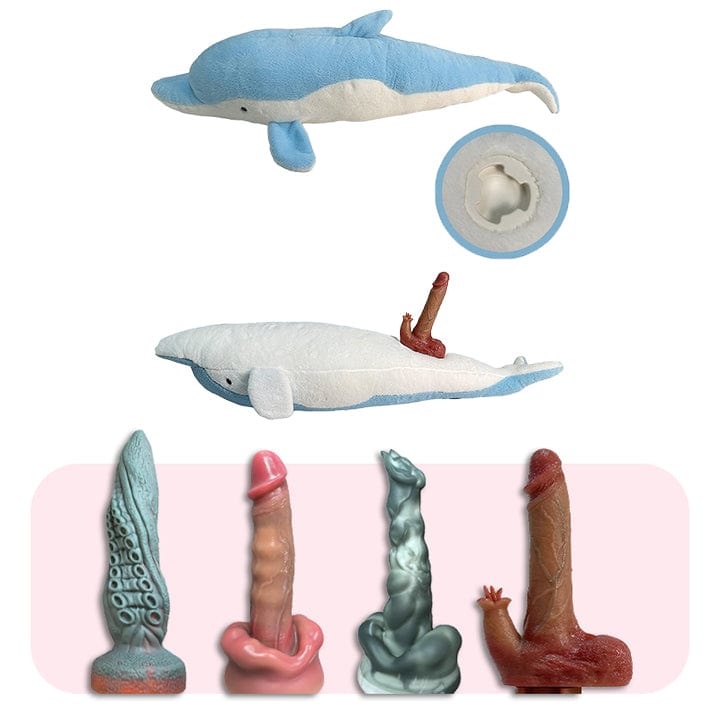 Remote-controlled plush dildo machine with multiple attachments on display