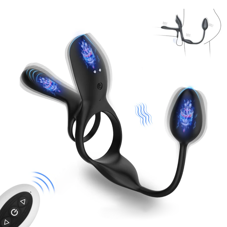 Vibrating cock ring with anal plug showing dual motor design and remote control
