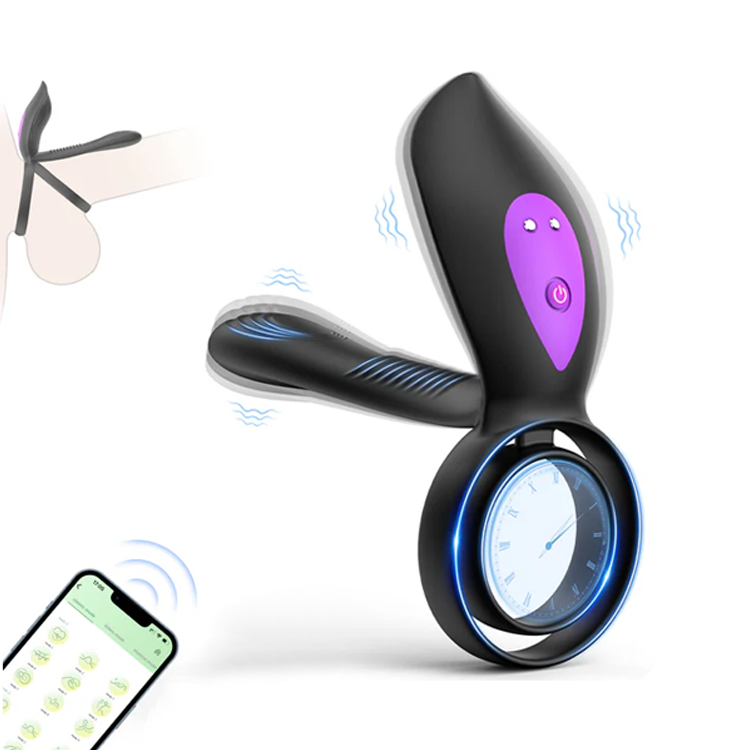 App-controlled vibrating cock ring showing sleek silicone design and double-ring fit