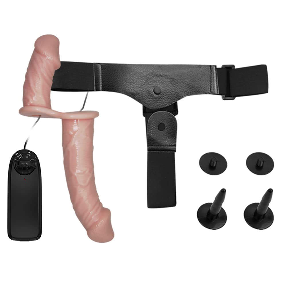 Vibrating double-ended strap-on dildo with adjustable harness shown from front