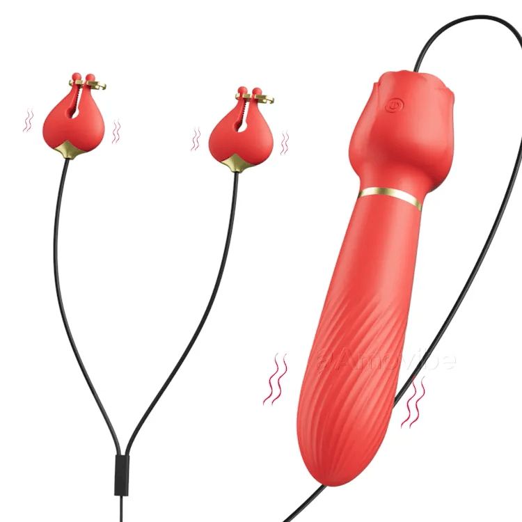 Clitoral vibrator with nipple clamps set showing all components