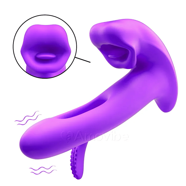 Kissing sensation vibrator with flapping motion shown from side angle