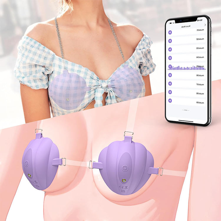 Close-up of APP-controlled nipple vibrator with smartphone interface display