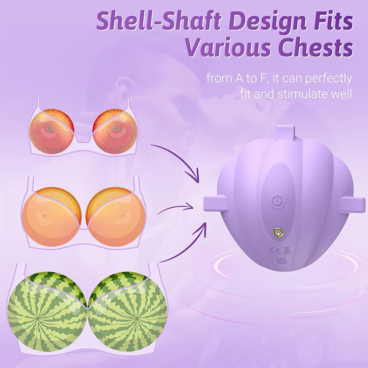 Wearable shell-design nipple vibrator showing adjustable straps and ergonomic fit