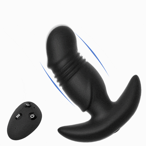 Prostate massager showing ergonomic silicone design and remote controller