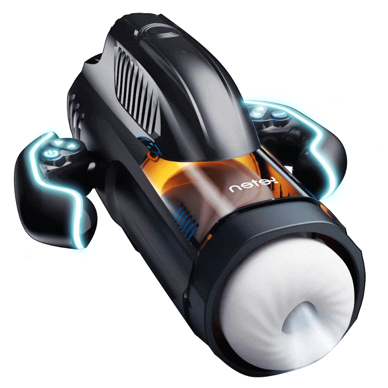 Male pleasure device showing 10 vibration and 10 suction mode controls