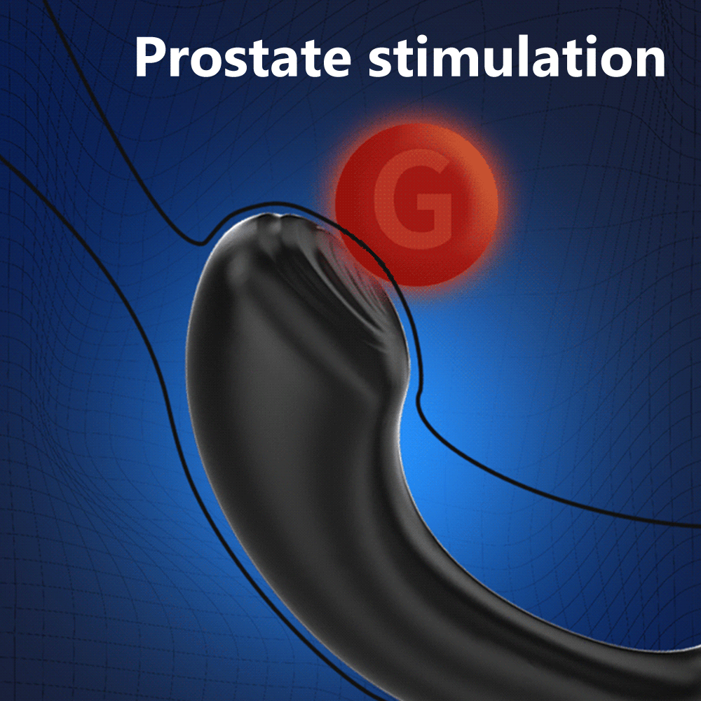 Prostate massager with cock ring showing remote control