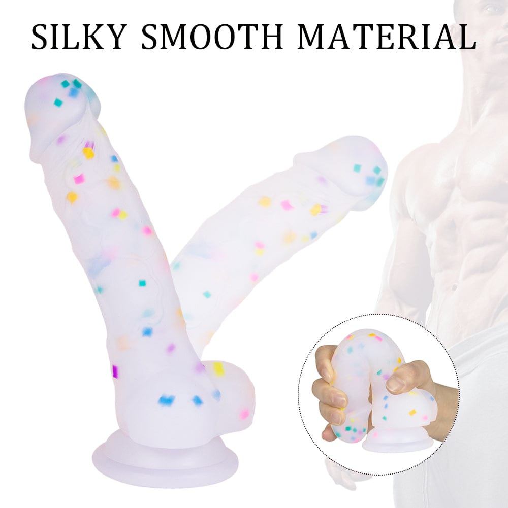 Realistic jelly dildo in use with hands-free suction cup functionality