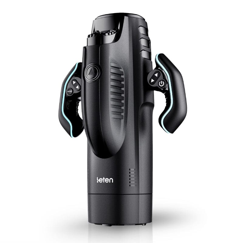 Male pleasure device showing 10 vibration and 10 suction mode controls