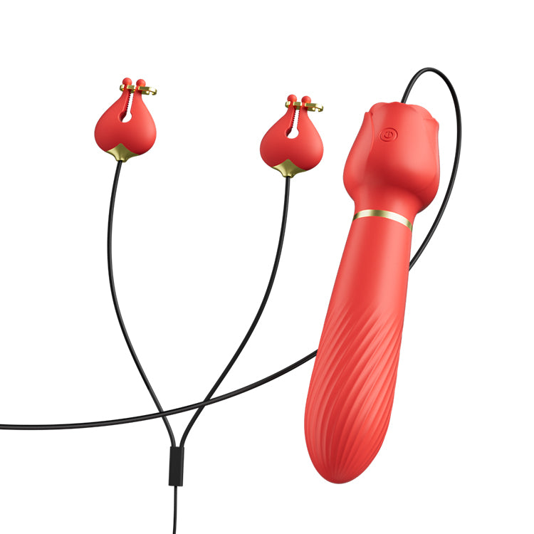 Clitoral vibrator with nipple clamps set showing all components