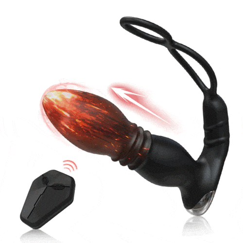 Remote control prostate massager showing dual cock ring design