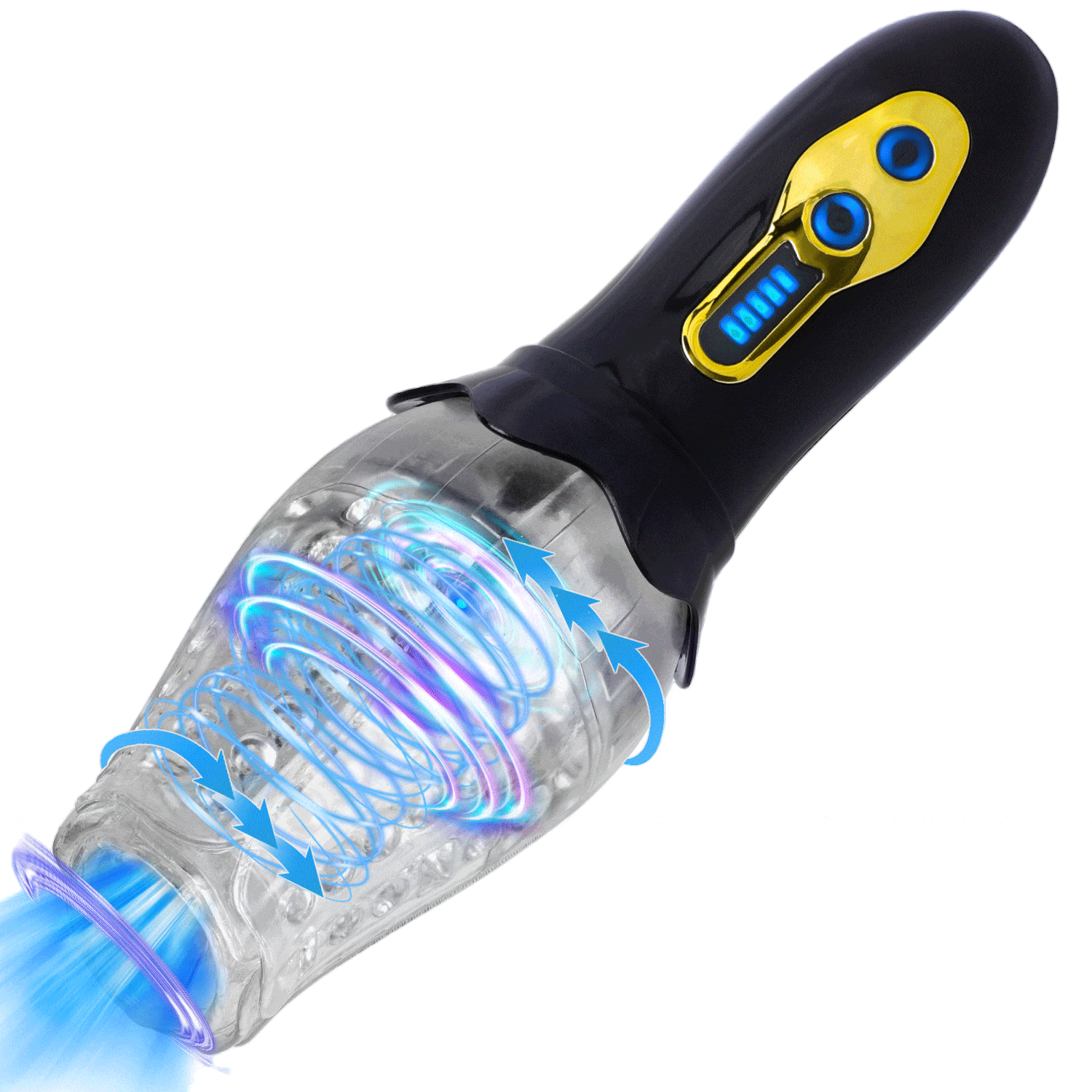 Rotating penis trainer showing multiple vibration modes display