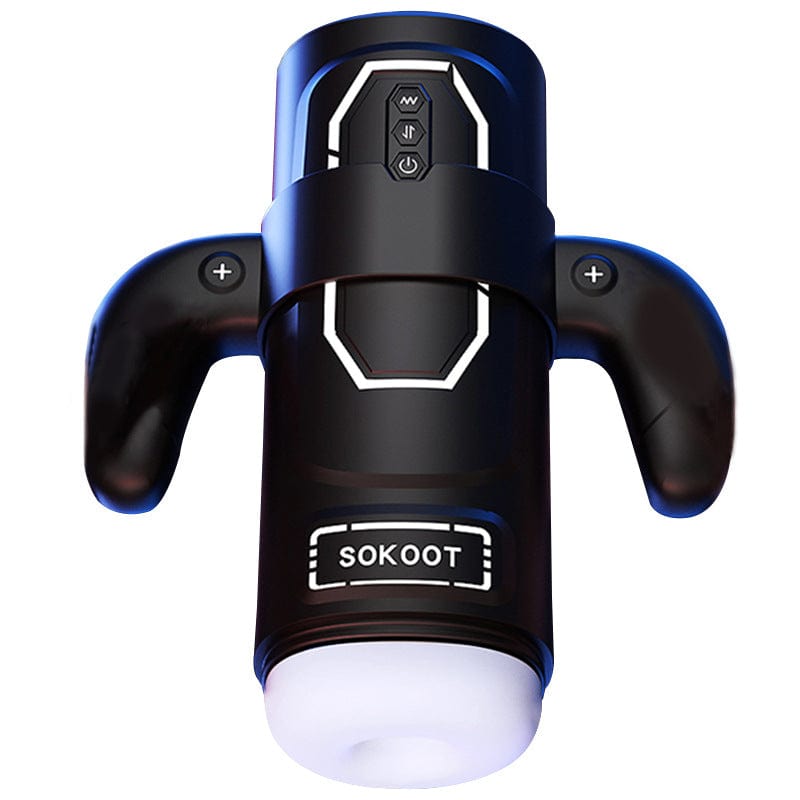 Handheld telescopic penis stroker showing extended stroke length