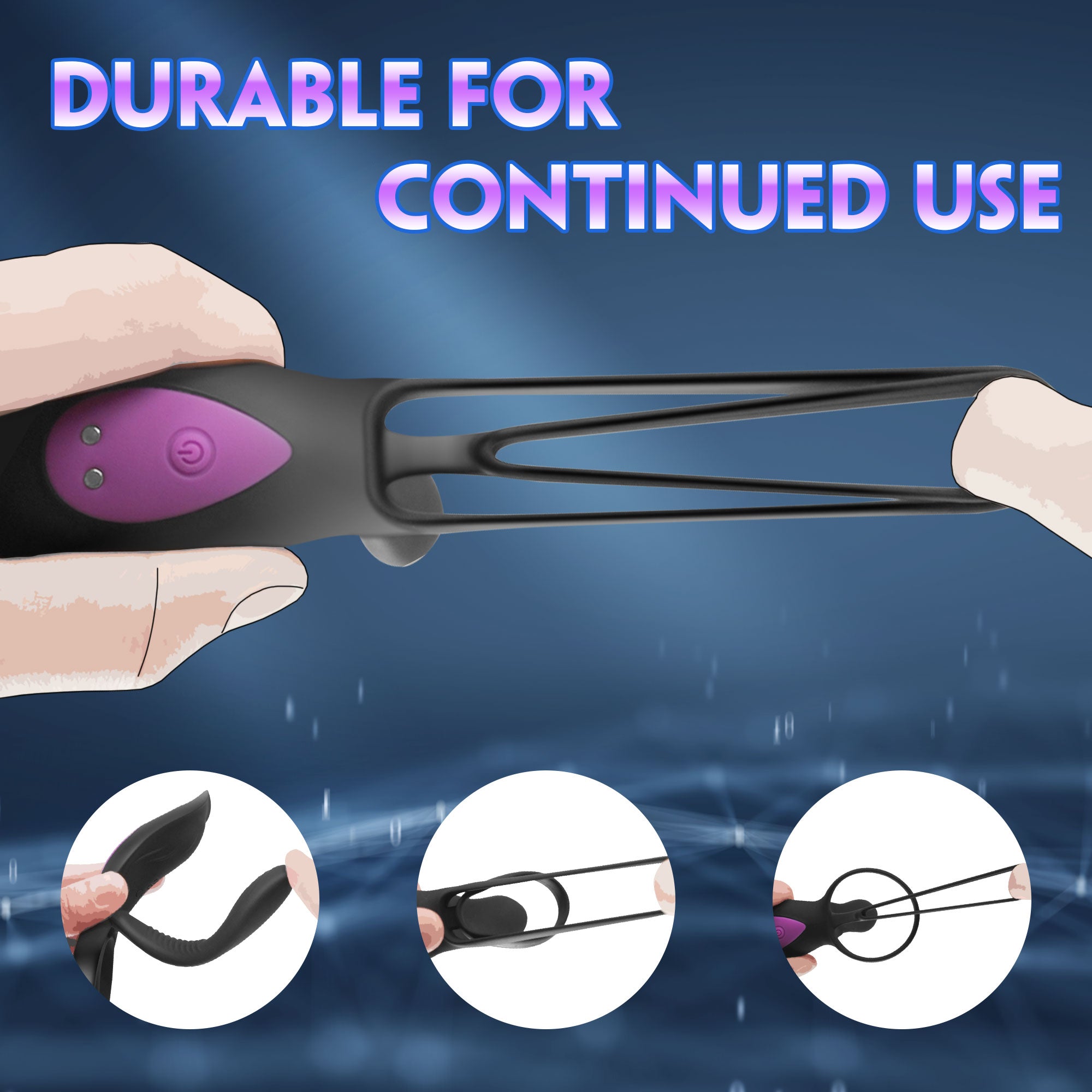 App-controlled vibrating cock ring showing sleek silicone design and double-ring fit