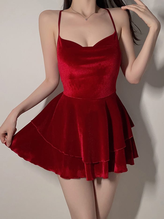 Velvet Layered Suspenders Sexy Nightdress-IntimiLife
