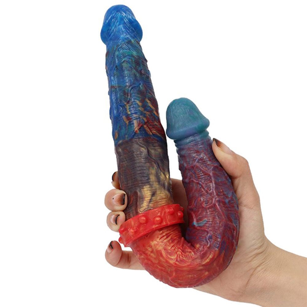 Close-up of dual ended anal toy highlighting different size tips for versatile use