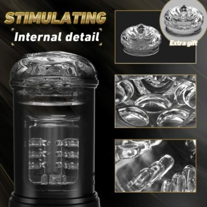Black masturbation cup showing transparent visual window design