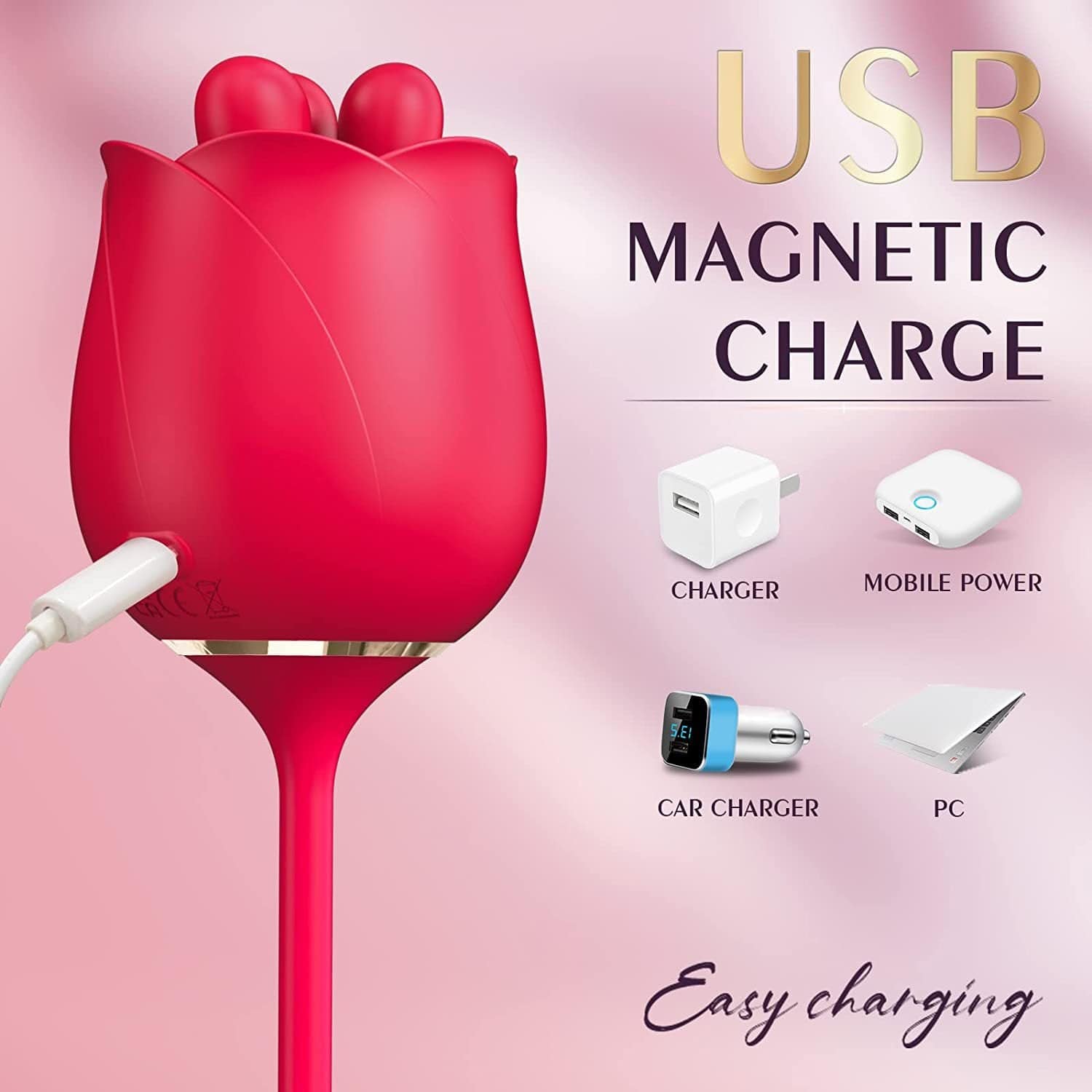 Waterproof rose vibrator shown next to charging cable