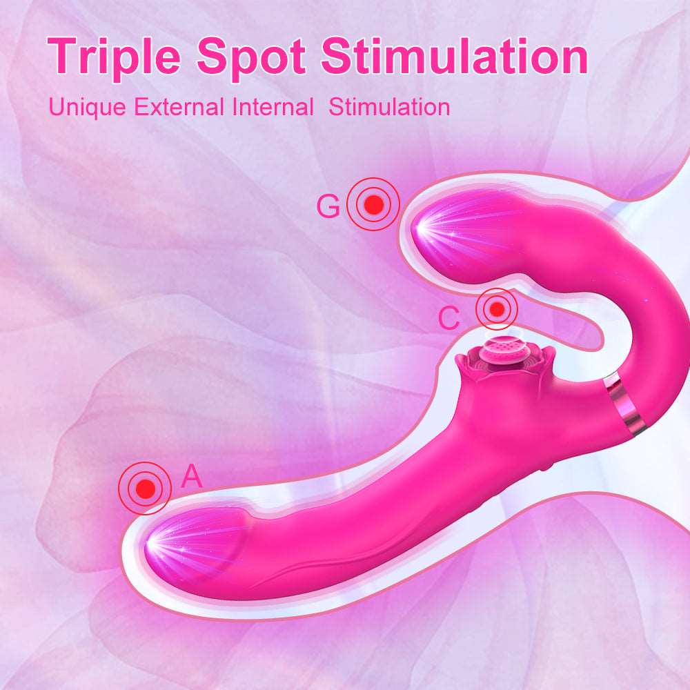 Close-up of the rose-shaped clitoral stimulator with textured grinding grooves