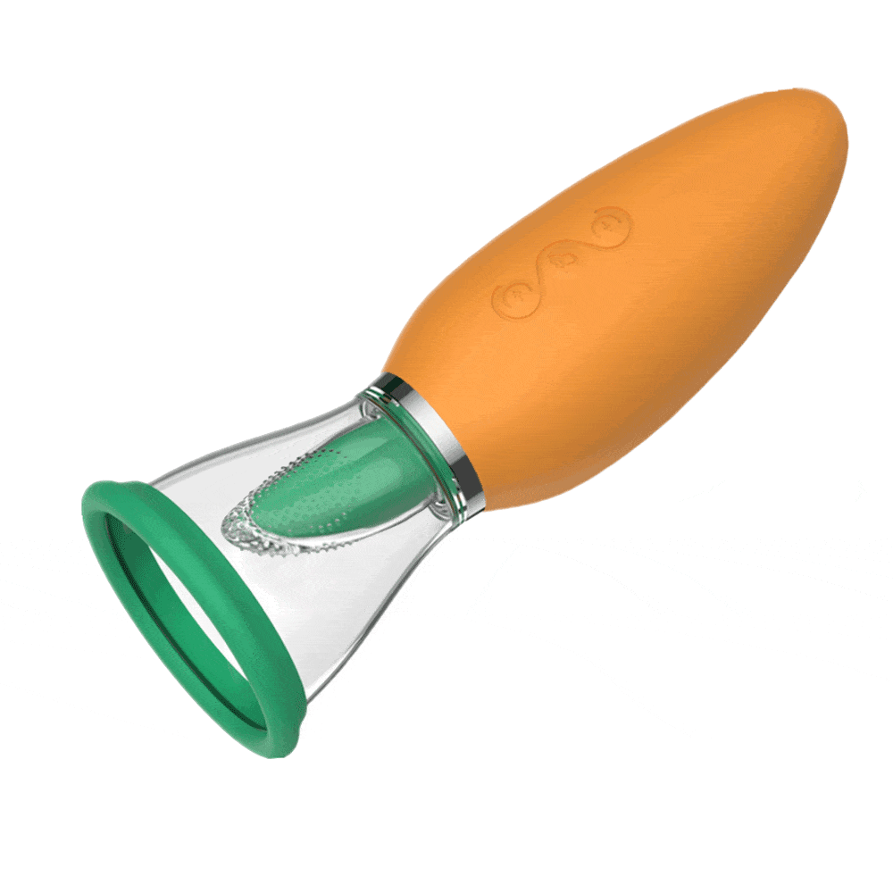 Carrot-shaped vibrator showing heating and suction functions