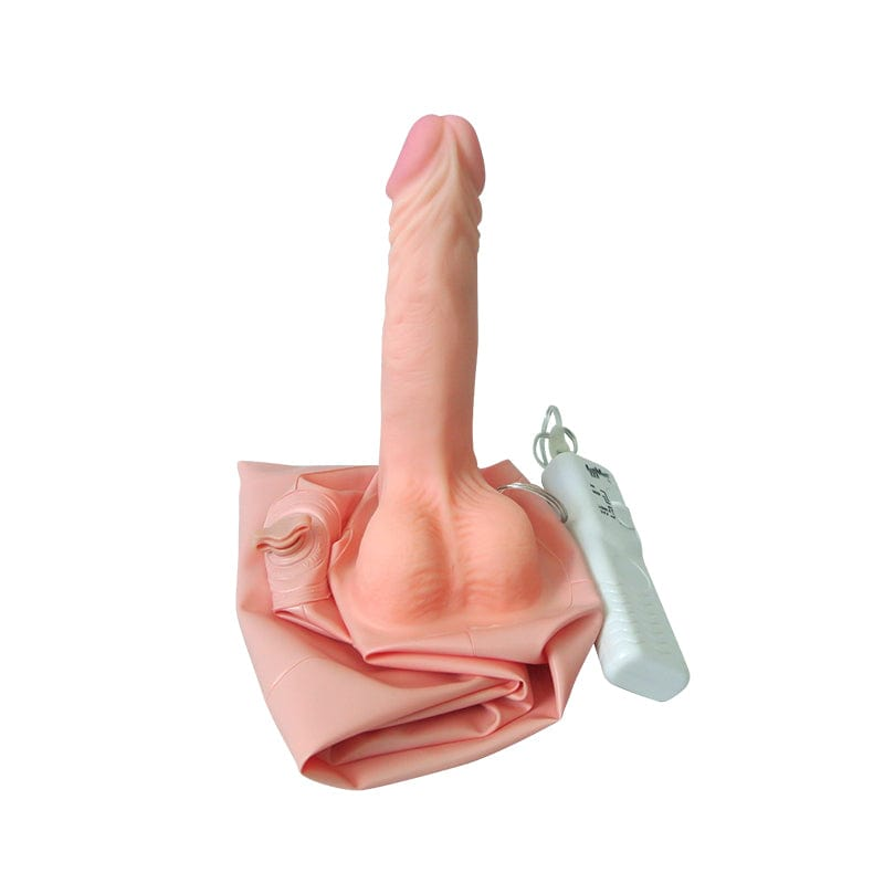 Close-up of 10-frequency vibrating dildo on stable inflatable base