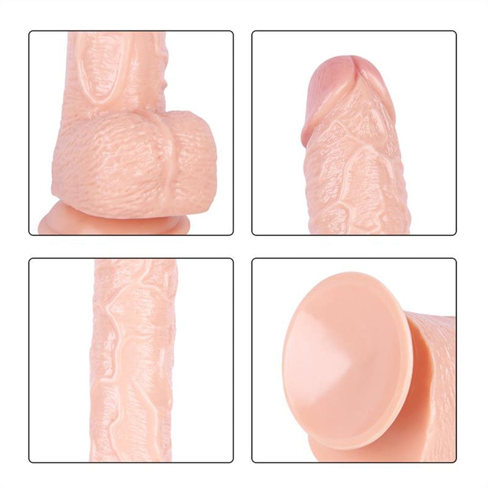 Realistic 16.93 inch strap-on dildo with adjustable harness from front view
