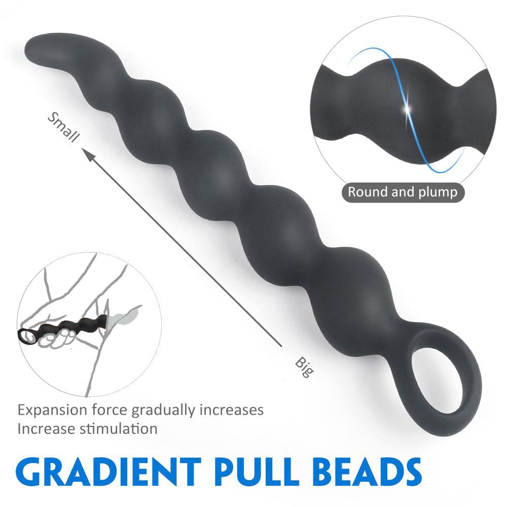 Anal beads prostate massager demonstrating flexible silicone material