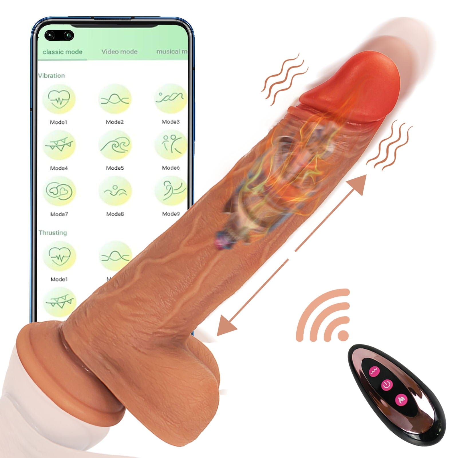 Remote control demonstration with thrusting dildo showing multiple modes