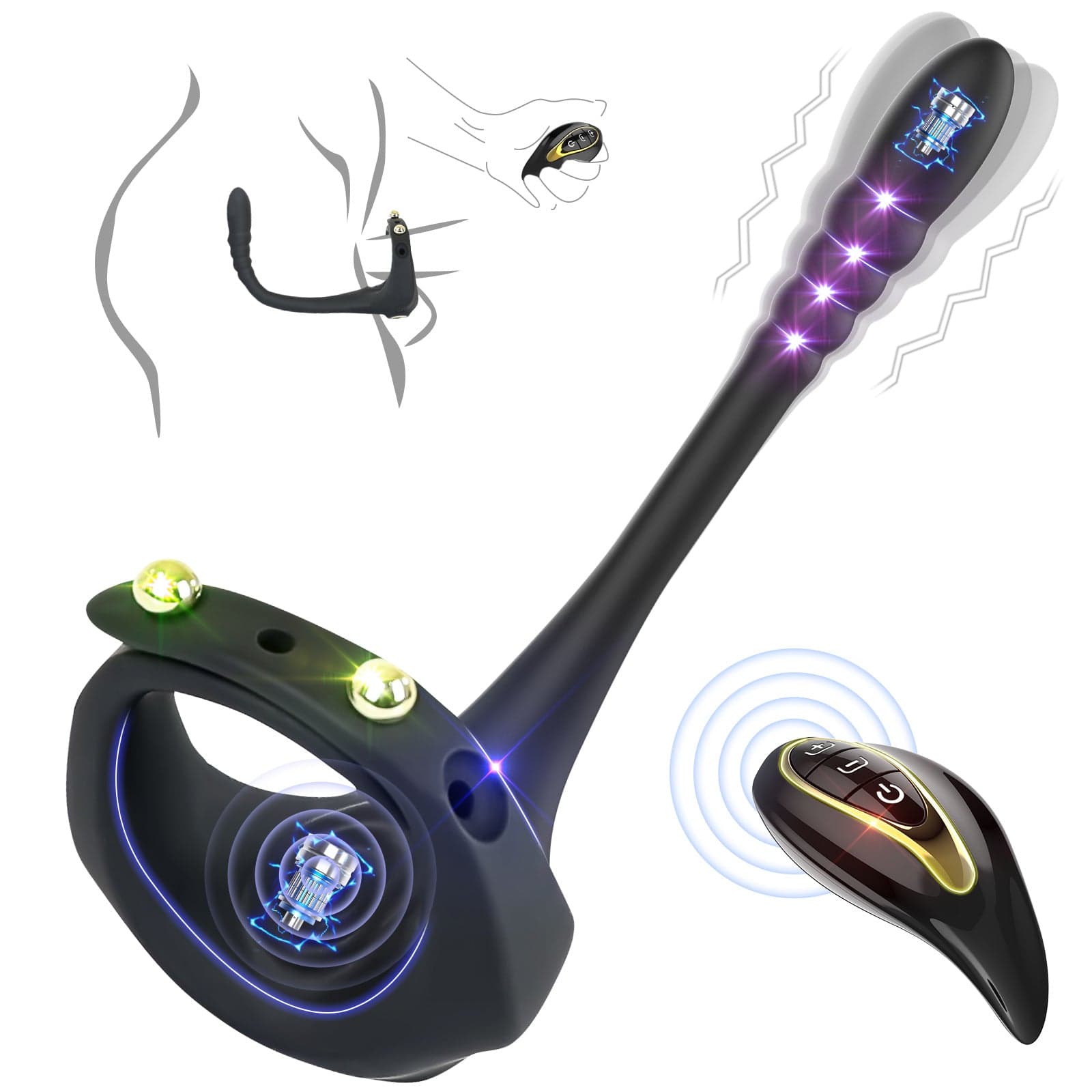 Wireless remote control vibrating penis ring with prostate massager showing sleek design