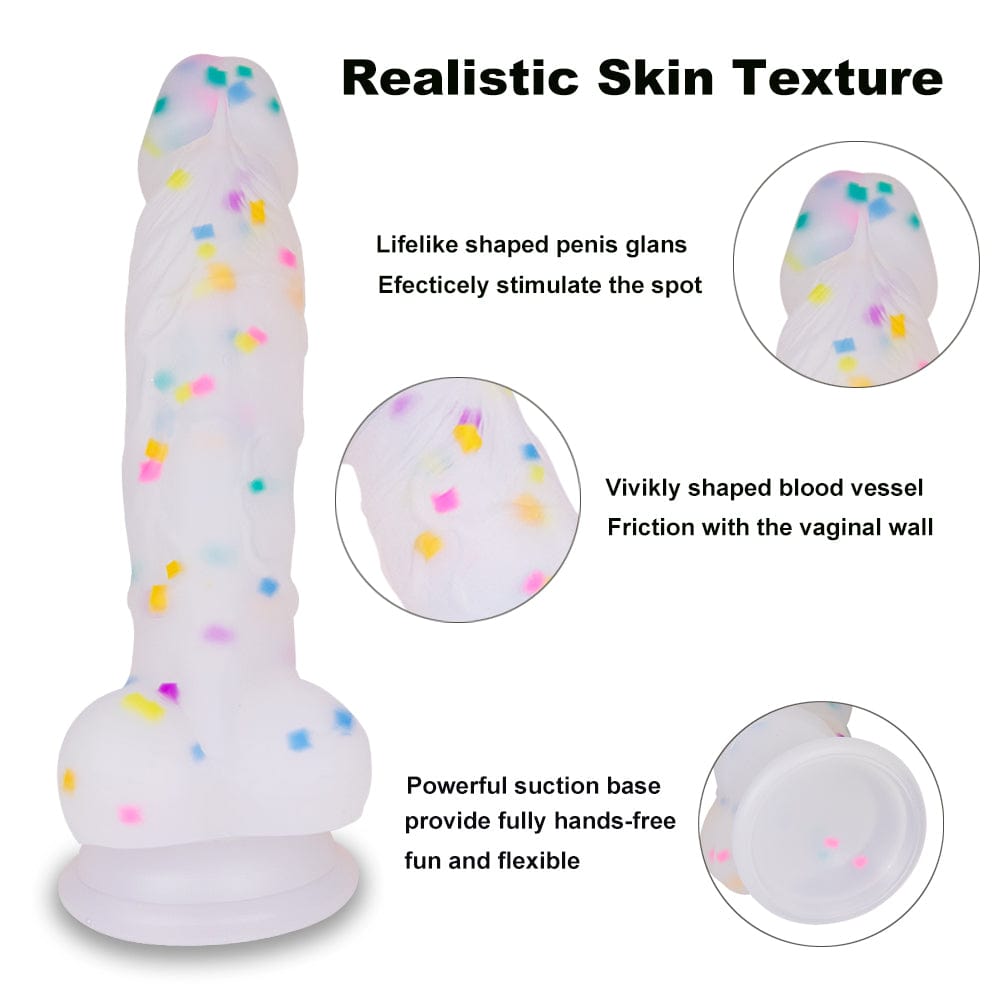 Body-safe transparent dildo demonstrating flexibility and soft texture