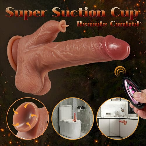 Close-up of heated vibrating dildo with raised veins and lifelike glans