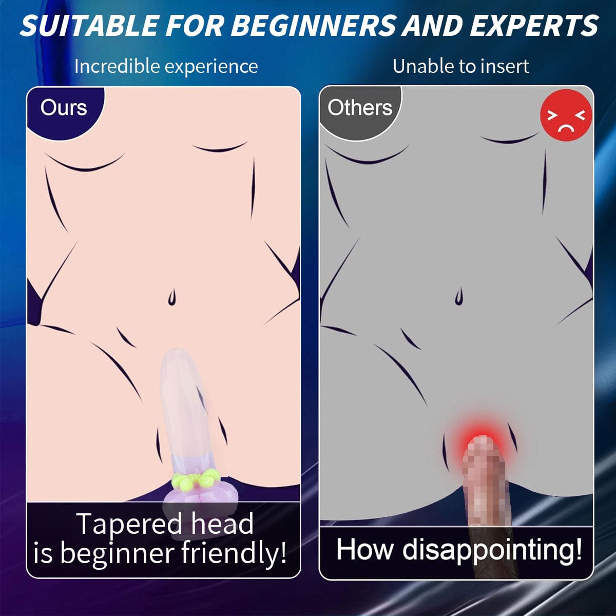 Dual style comparison of long and thick purple butt plugs with bows