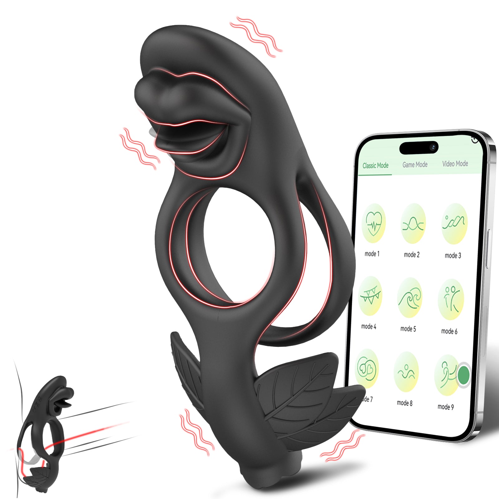 Lipleaf - Tongue Vibe Ring for External & Testicle Play side view and design details