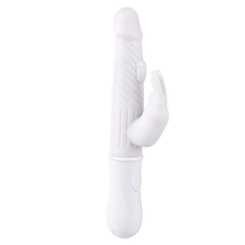 White silicone rabbit vibrator with beaded shaft on plain background