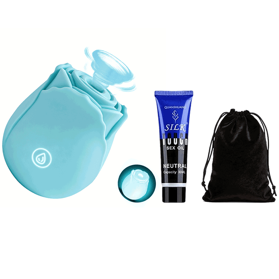 LunaGlow Rose Suction Massager in Blue for Luminous Relaxation side view and design details