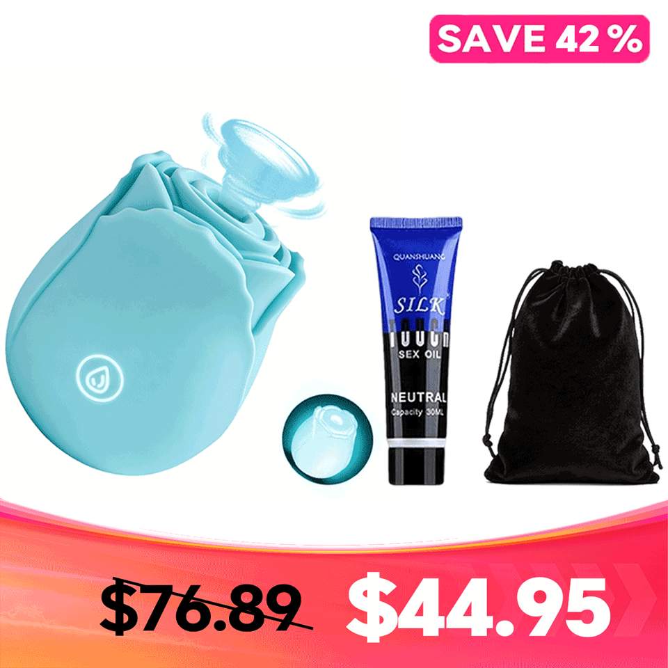 LunaGlow Rose Suction Massager in Blue for Luminous Relaxation side view and design details