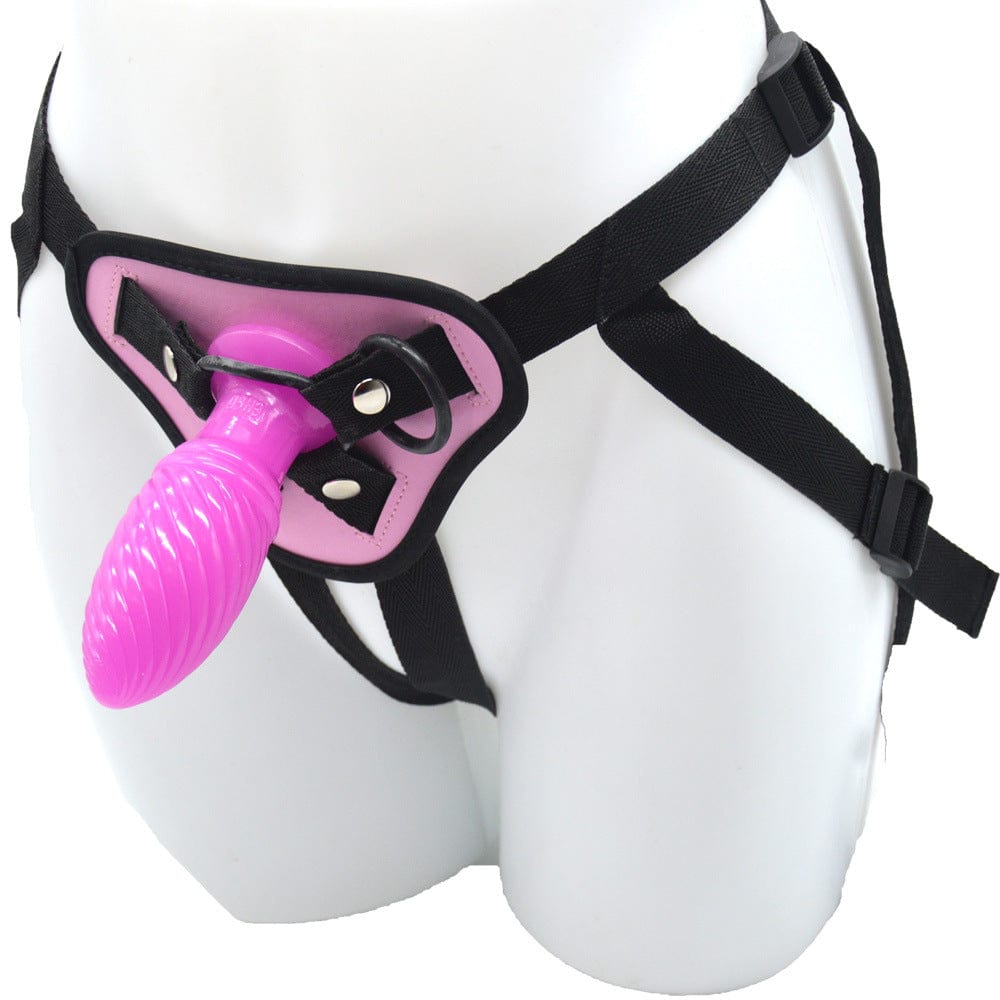 Wearable dildo with small anal plug showing ergonomic design from front angle