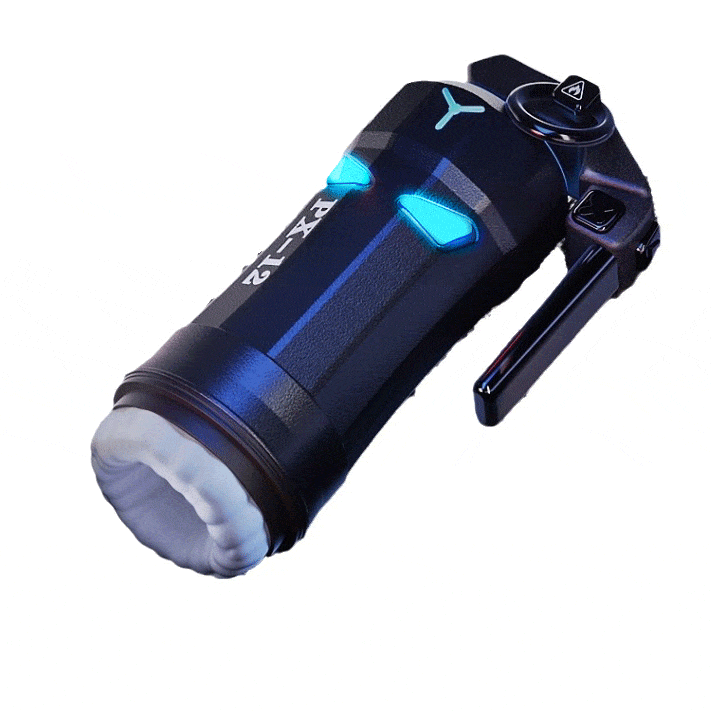 Heated telescopic male masturbator showing extended design and controls