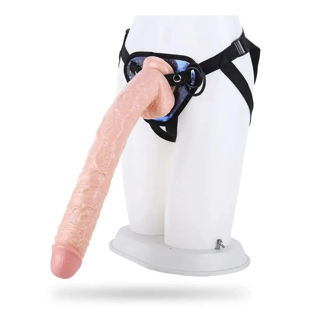 Realistic 16.93 inch strap-on dildo with adjustable harness from front view