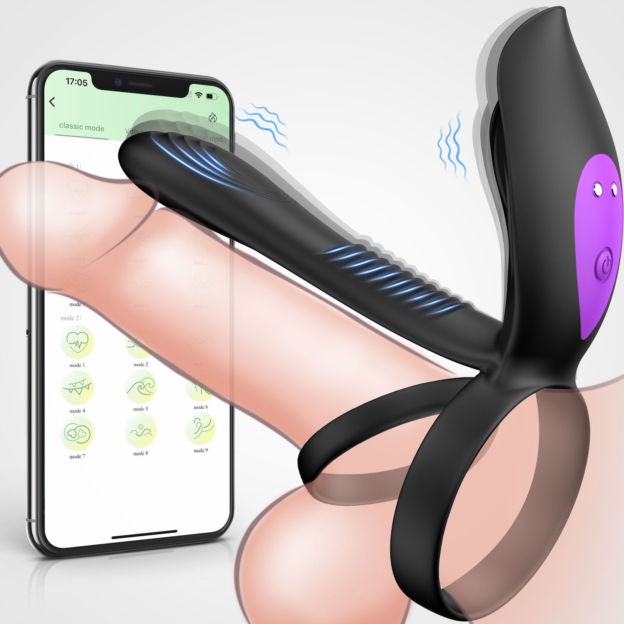 Close-up of the waterproof vibrating cock ring with remote app interface on smartphone
