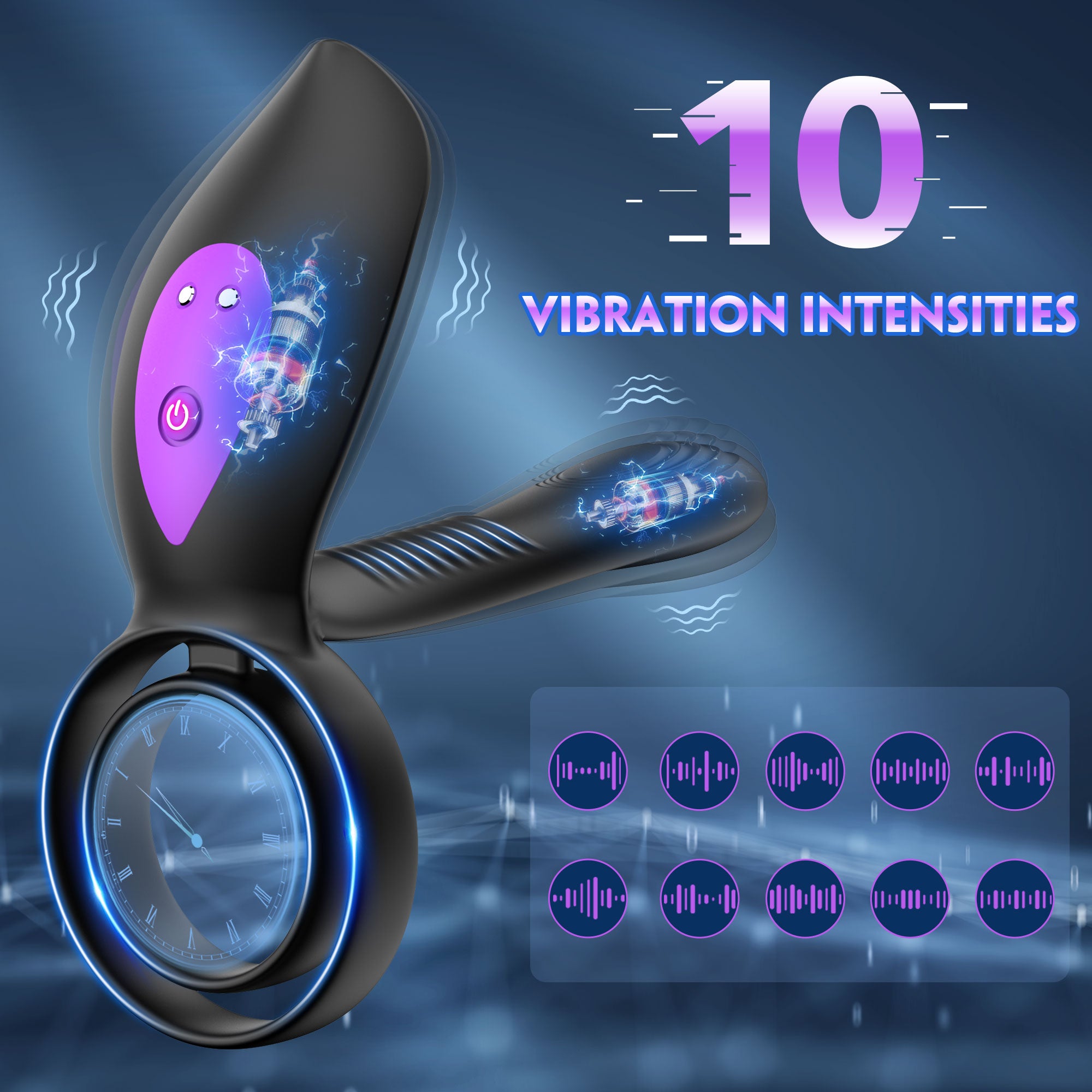 Cock ring with 10 vibration modes displayed alongside charging cable and storage pouch