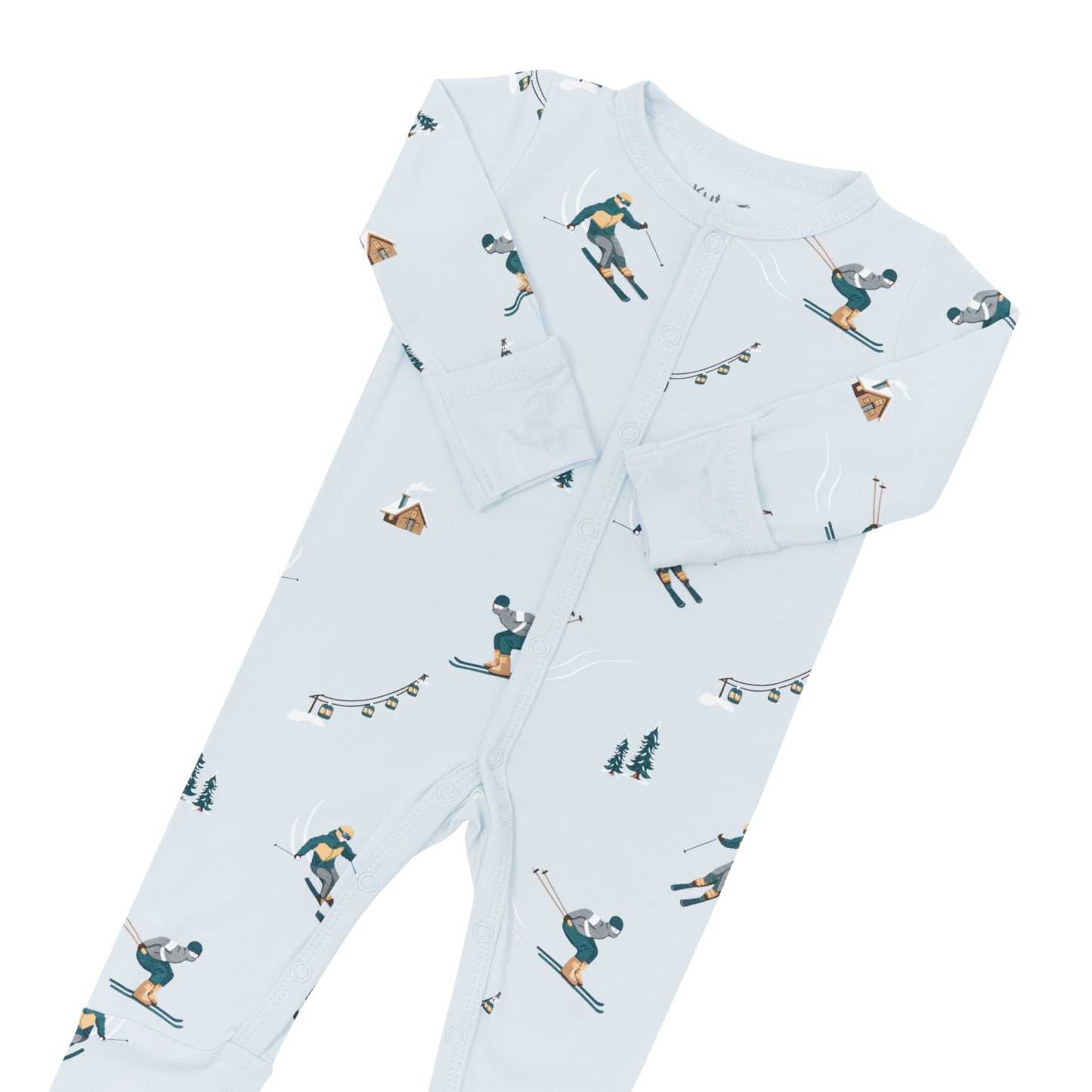 The snap closures and fold over hand cuffs shown on the Romper in Ski